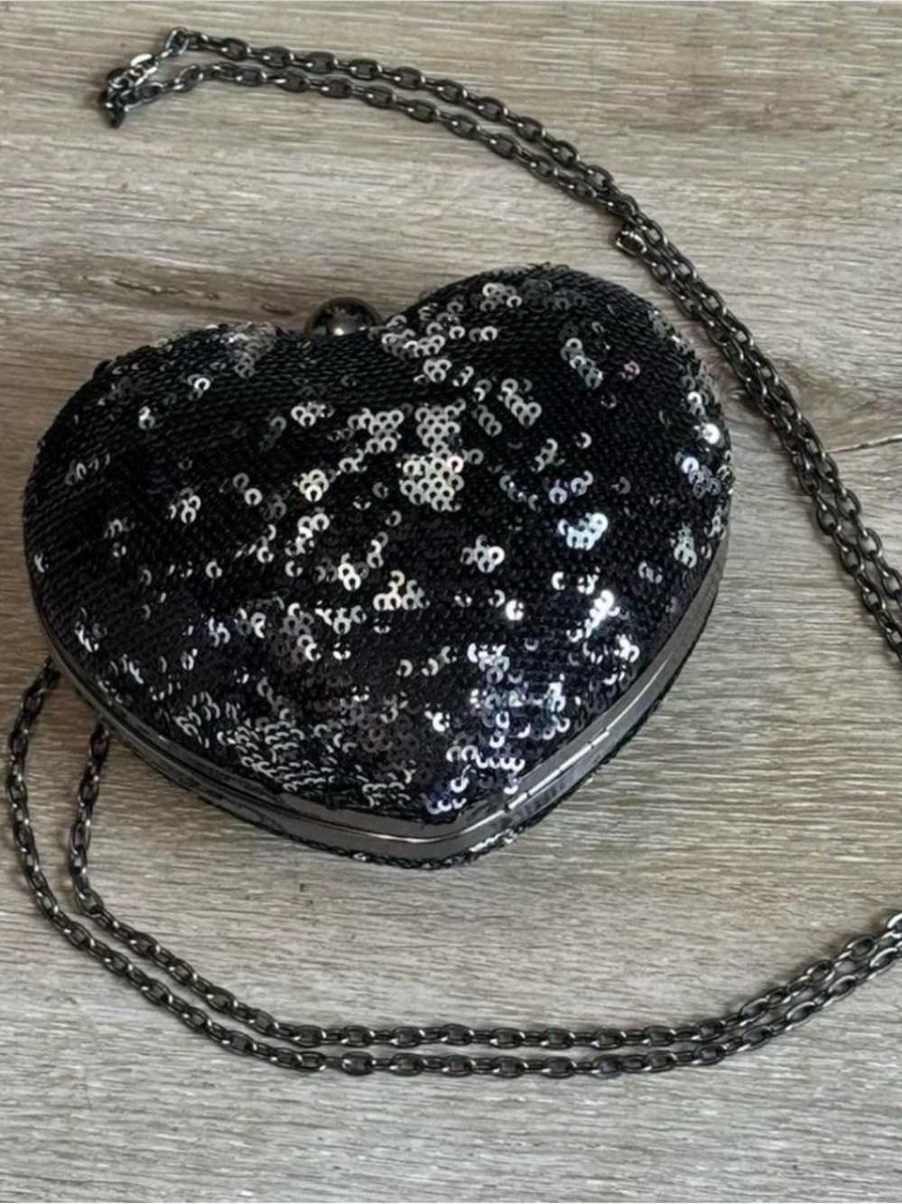Charlotte Russe Black Sequined Heart Crossbody Bag Clutch 5x5x2”